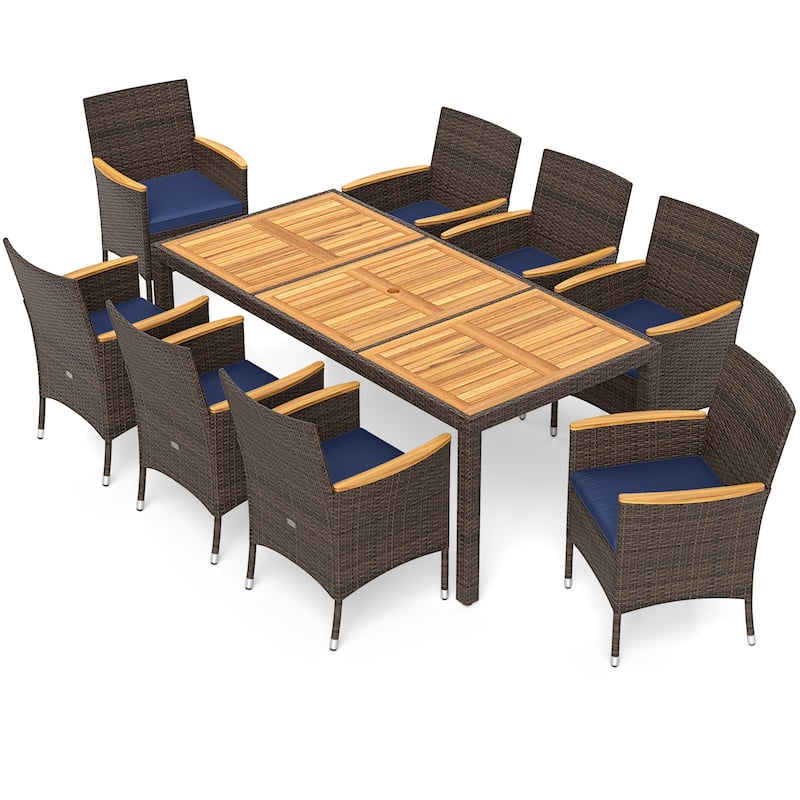 Gymax 9 Pieces Patio PE Wicker Dining Set Outdoor Acacia Wood Table &