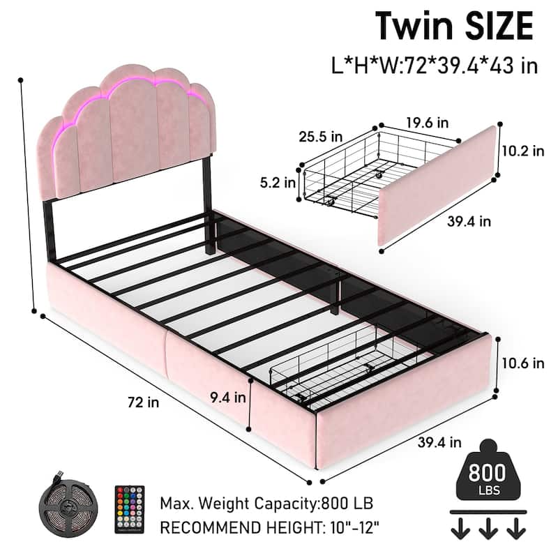 Velvet Upholstered Platform Bed with RGB LED Petal Headboard, Under Bed Storage Drawers Princess Bed Frame