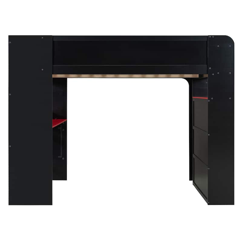 Full Size Esports Loft Bed, Built-In Gaming Station with Adjustable Desk, Wardrobe, Book Shelves, USB Port & RGB Strip Lighting