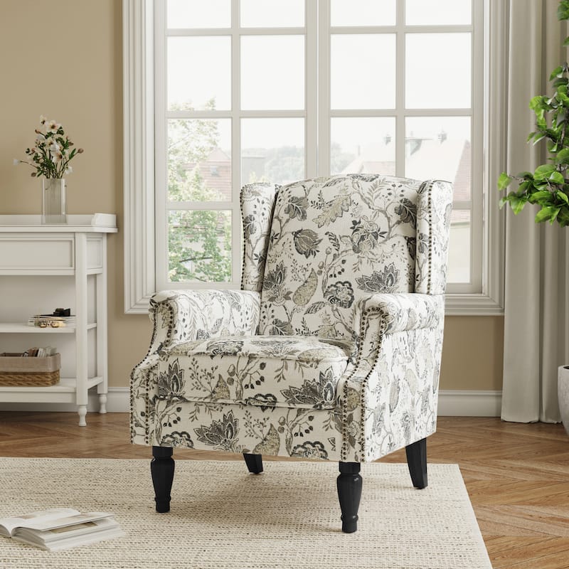 Traditional Floral Patterned Wingback Armchair with Nailhead Trim