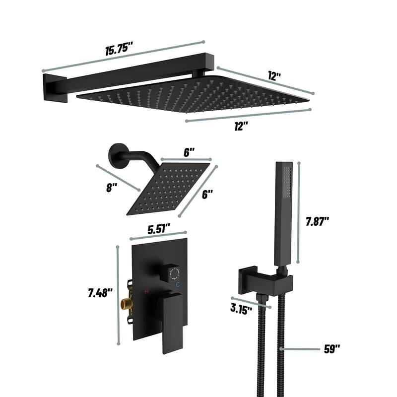 3-Spray Square 12 and 6 in. Dual Wall Mount Fixed and Handheld Shower Head in Matte Black, Valve Included - 12" x 12"
