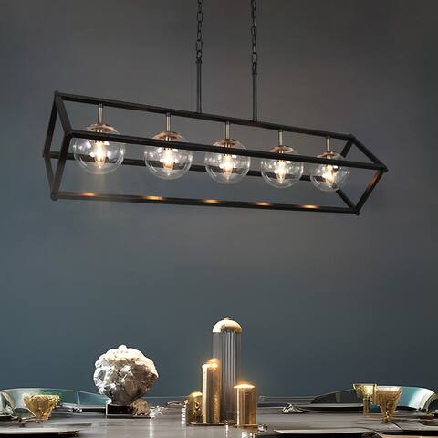 Torin Modern 5-Light Black Gold Geometric Linear Chandelier Globe Glass Kitchen Island Pendant Lights