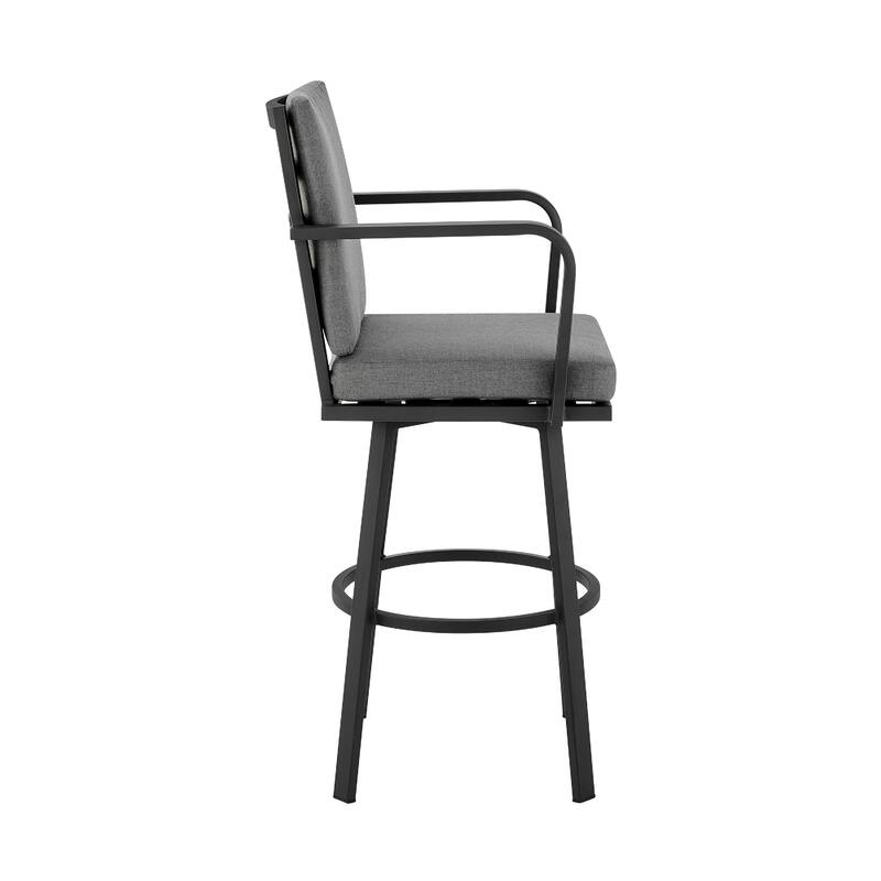 Fely Outdoor Swivel Barstool Chair, Black Aluminum and Gray Cushions