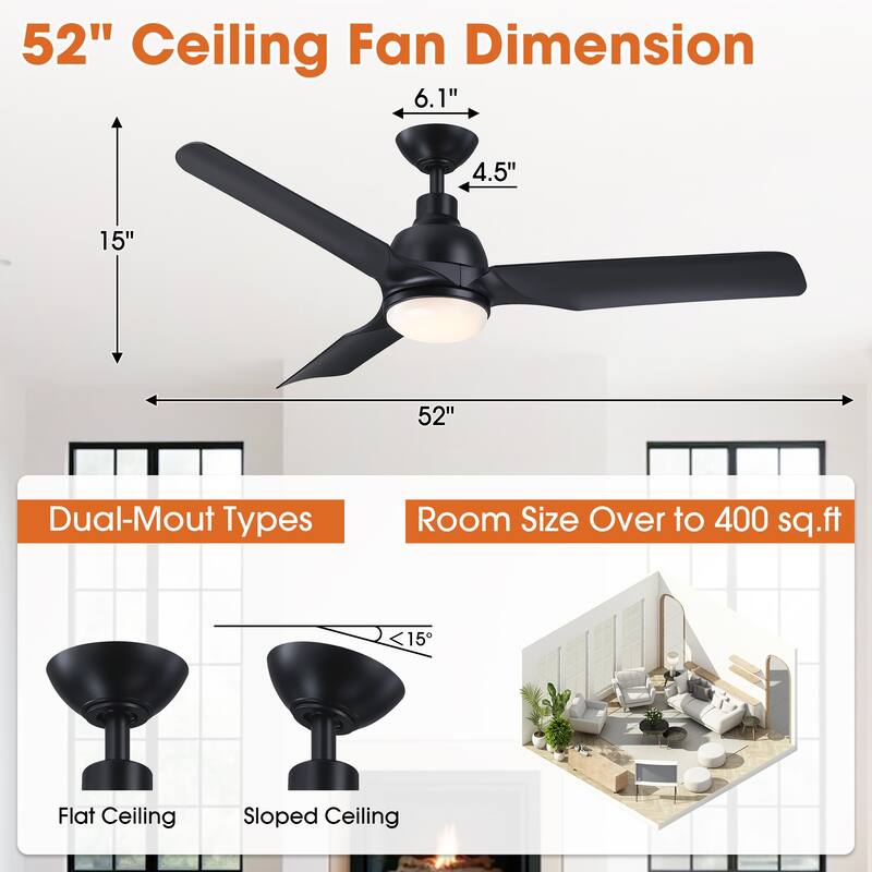 52" Black ABS 3-Blade Modern Dimmable LED Ceiling Fan with Remote