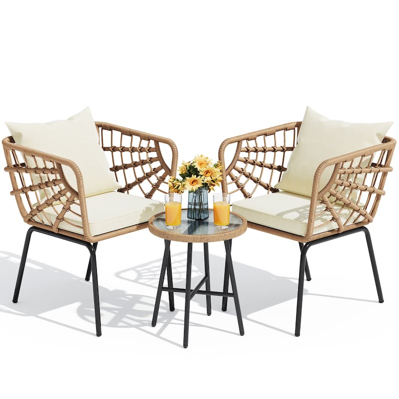 Moasis 3-Piece Cushioned Bistro Set Patio Wicker Chair and Side Table