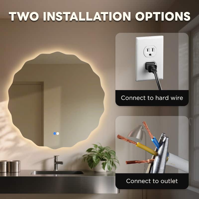 Round Frameless Dimmable LED Light Anti-Fog Wall Bathroom Vanity Mirror