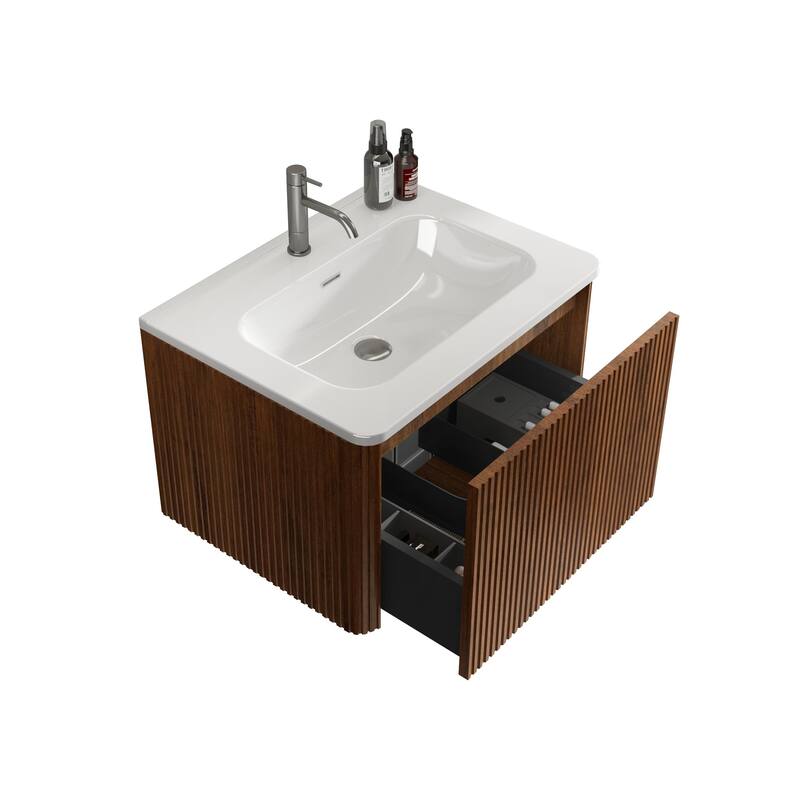 24 Inch Striped Walnut Bathroom Vanity with White Ceramic Sink,Wall Mounted Floating Bathroom Vanity for Modern Bathroom