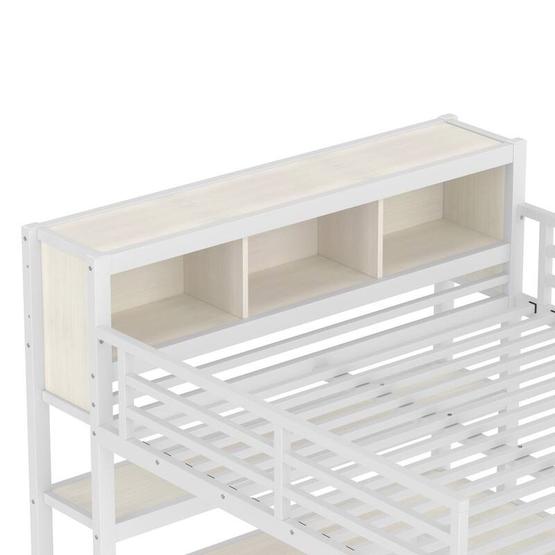 Queen Size Heavy Duty Metal Loft Bed with Wardrobe & L-shaped Desk, Multi-functional Storage Bed Frame with Cubes & Shelves