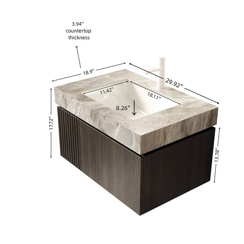 30" Floating Bathroom Vanity with Sintered Stone Top & 1-Hole Ceramic Basin, Pre-assembled Plywood Cabinet