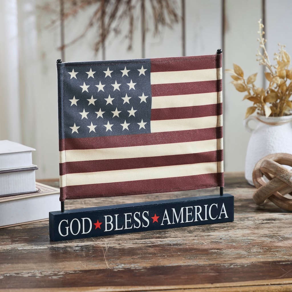 Canvas American Flag on Blue GBA MDF Base Decor 12x14x1