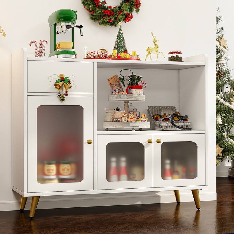 Sideboard Buffet Cabinets with Acrylic Door, Kitchen Storage Cabinets, Wood Coffee Bar Tables - White