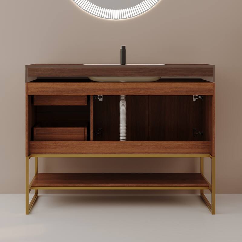 36" Modern Bathroom Vanity with Seamless Ceramic Sink & Gold Accent Free Standing Cabinet