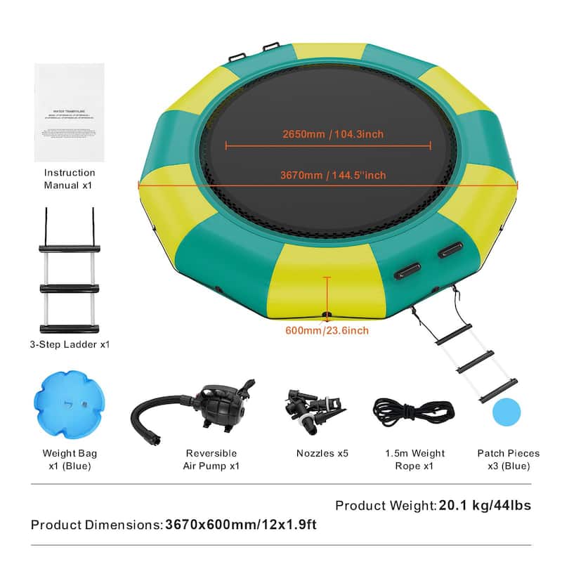 12ft Portable Inflatable Recreational Water Bouncer Trampoline with 3-Step Ladder and Electric Air Pump