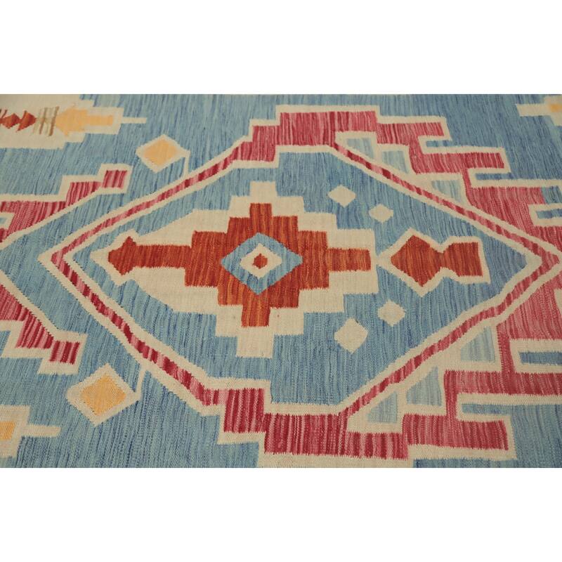 Hand Woven Oriental 100% Wool Carpet Southwestern Tribal Navy Blue & Blues Kilim Area Rug - 9' 8'' X 6' 6''