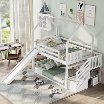 Twin over Twin Pinewood Bunk Bed with Convertible Slide and Storage Staircase