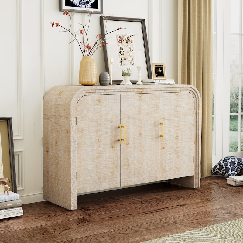 Wooden Storage Cabinet with 4 Door, Curved Sideboard with Gold Handles, Buffet Cabinet with Adjustable Dividers