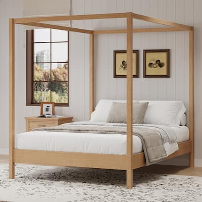 Canopy Bed Frame Wooden Four Poster Platform Bed with Wood Slats Support, No Box Spring Needed, No Headboard, Low Profile Bed