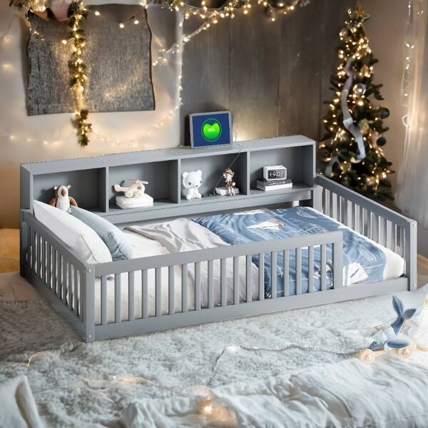 slide 2 of 12, Gray Twin XL Size Daybed with Storage Shelves , Wood Floor Bed with USB Ports for Kids