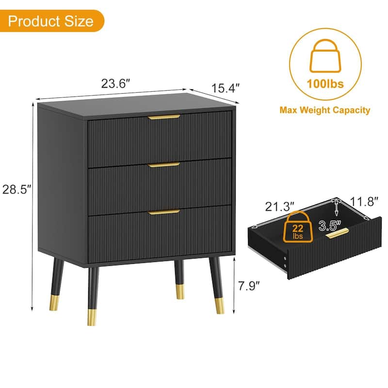 3 Drawer Dresser, Small Fluted Nightstand