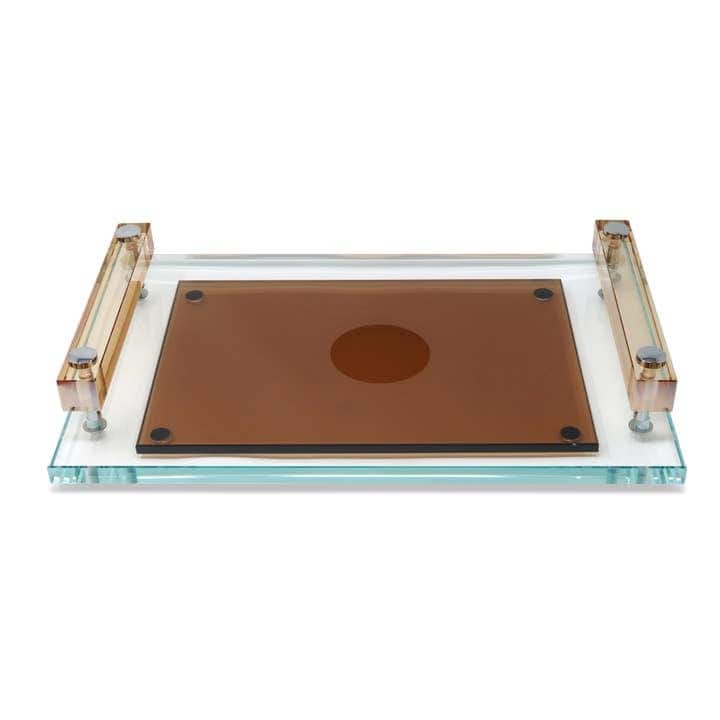 Glass Serving Tray with Amber Handles