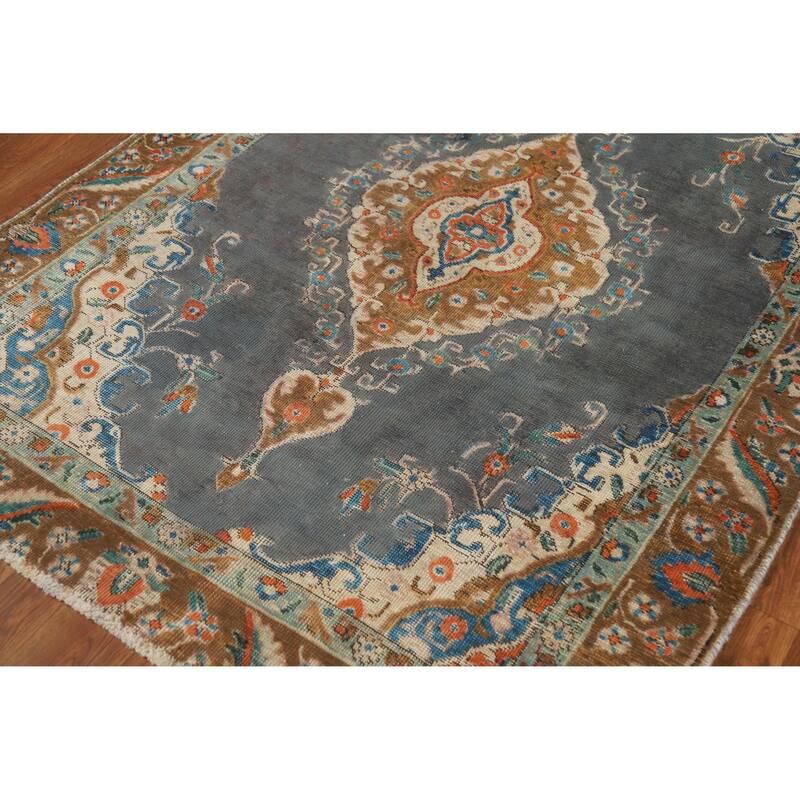 Hand Knotted Oriental 100% Wool Carpet Traditional Medallion Navy Blue & Blues Tabriz Area Rug - 5' 7'' X 4' 3''