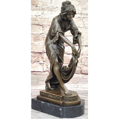 Female Figure Young Woman Holding Shawl - Bronze Metal Sculpture On Marble Base