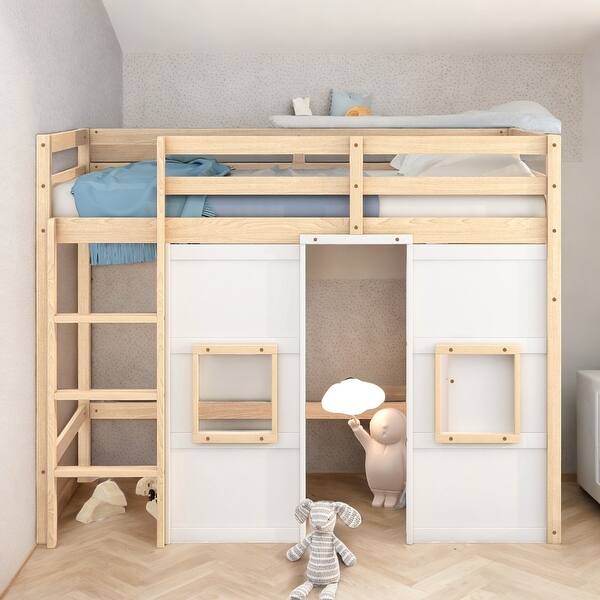 slide 2 of 5, Twin Size Solid Pine Loft Bed with Built-in Storage Wardrobe, 2-Windows, Safety Guaranteed, No Box Spring Needed, Grey Natural/White 