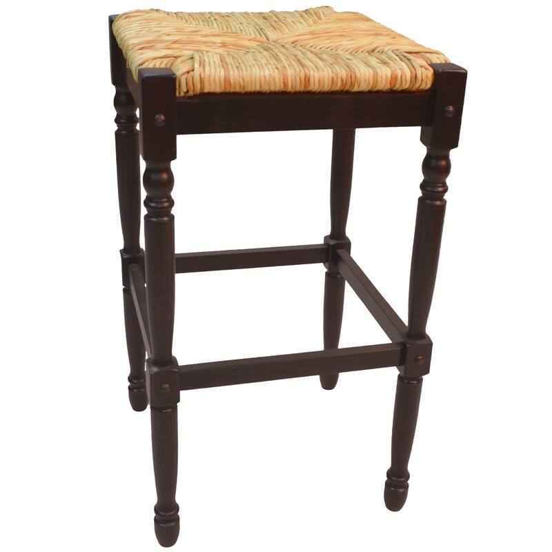29.75" Walnut Brown Beige Backless Bar Stool with Hand Woven Rush Seat