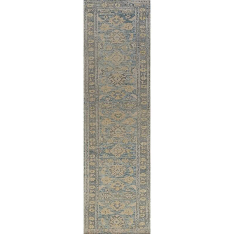 Hand Knotted Oriental 100% Wool Carpet Transitional Floral Navy Blue & Blues Oushak Runner Rug - 20' 2'' X 3' 1''