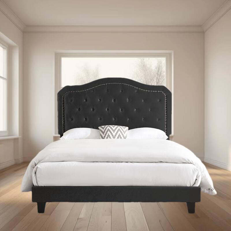 Elegant Upholstered Queen Bed with Button Tufted Curves, LED Lights, and Strong Wooden Slat Support, No Box Spring Needed - Black - Queen