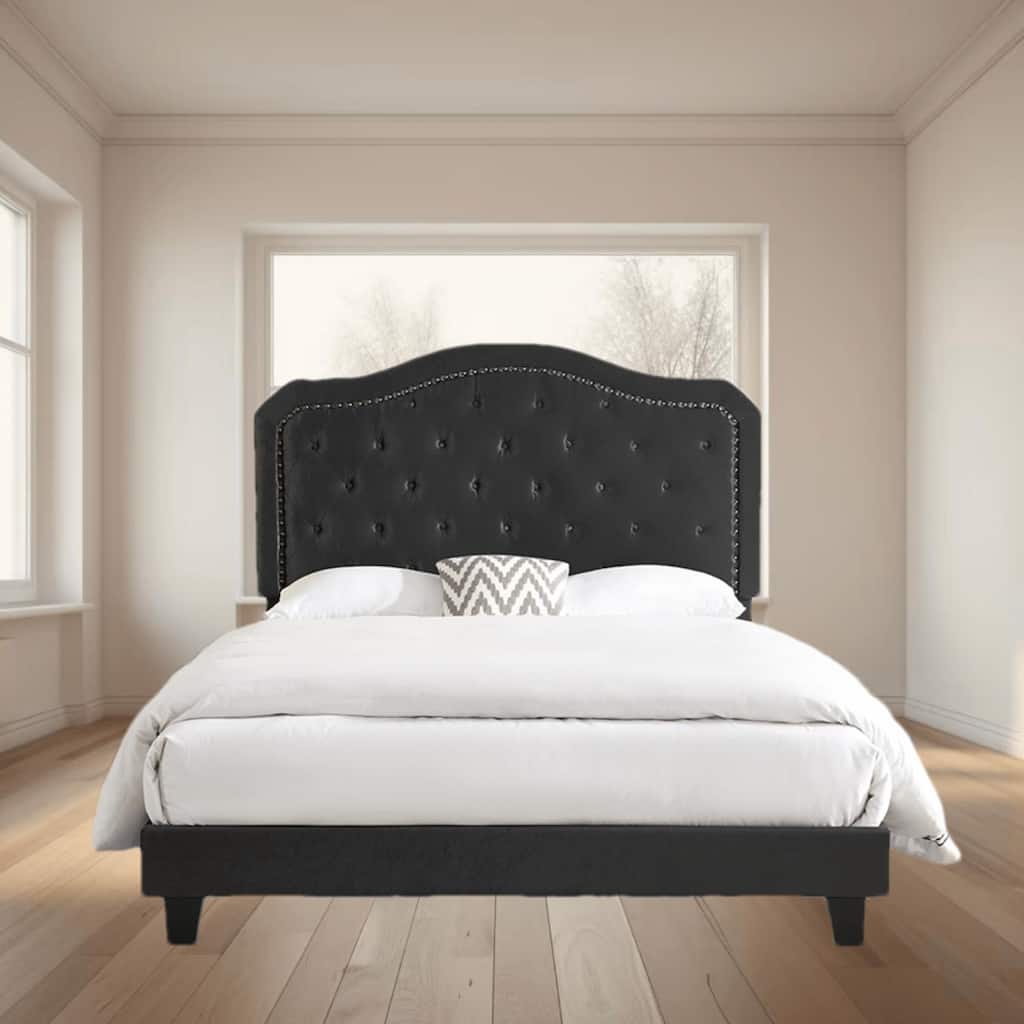 Elegant Upholstered Queen Bed with Button Tufted Curves, LED Lights, and Strong Wooden Slat Support, No Box Spring Needed