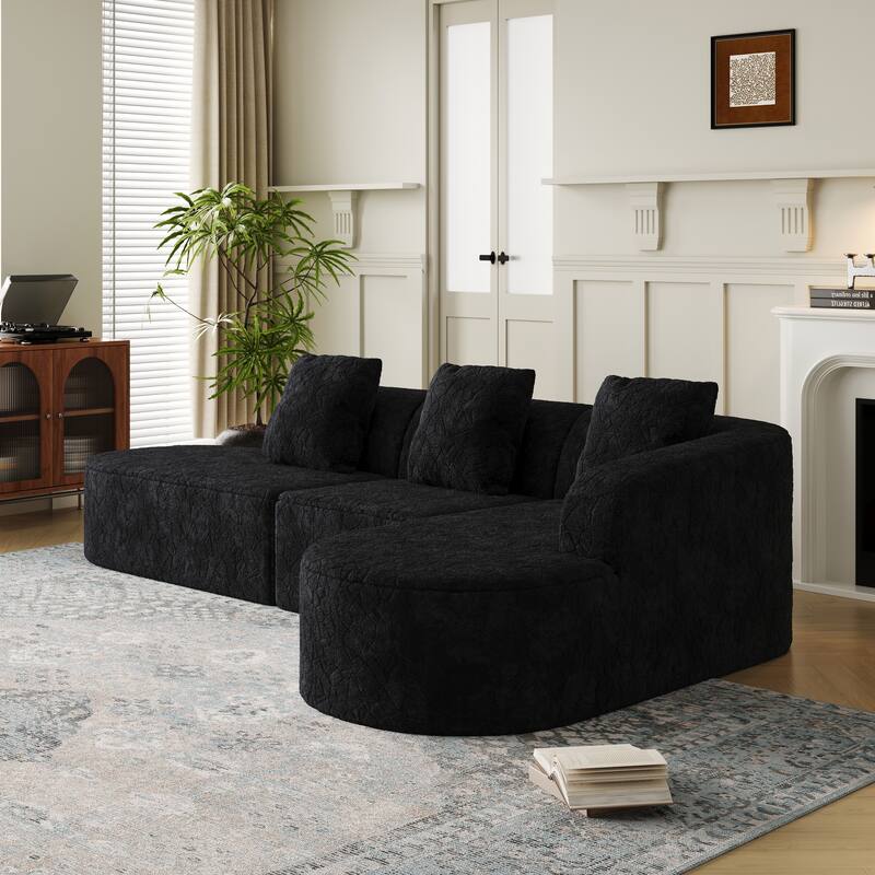 Curved Modular Sofa with Chaise Lounge, Full Compression Upholstered Boneless Sofa, Corner 3 Seater Sofa with 3 Pillows