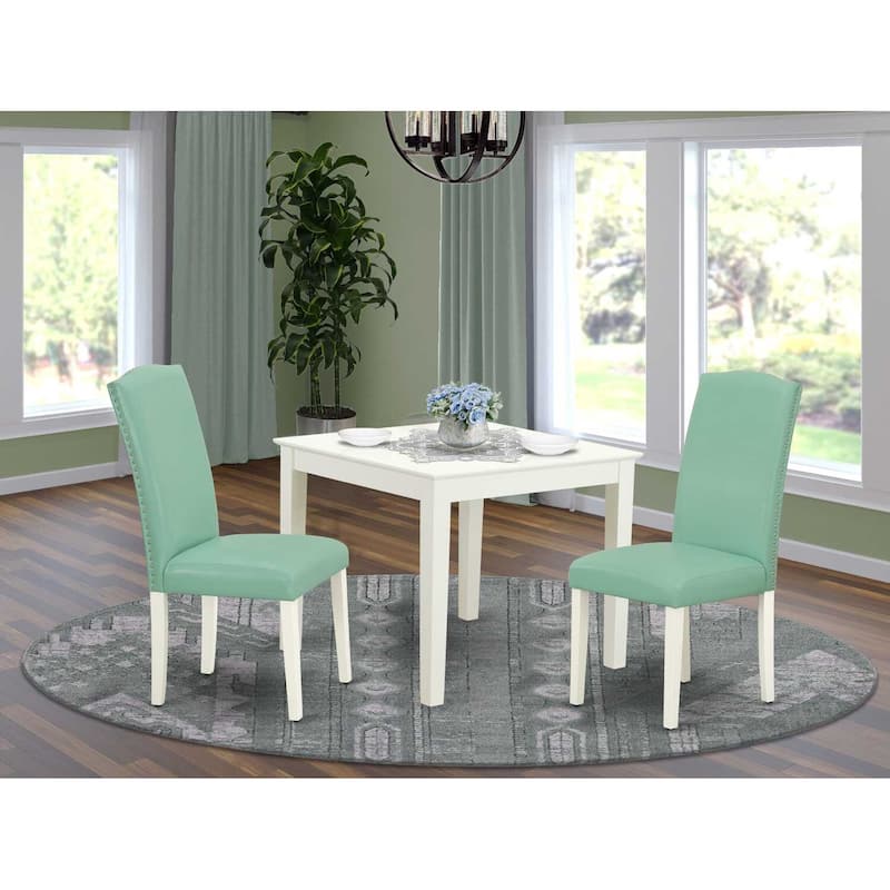 Modern 3Pc Square Dining Set - 36 Inch Table & 2 Parson Chairs - Linen White Legs, Pond Color