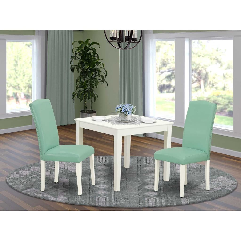 Modern 3Pc Square Dining Set - 36 Inch Table & 2 Parson Chairs - Linen White Legs, Pond Color