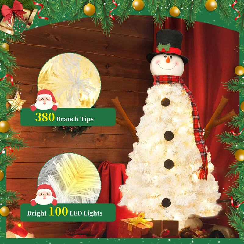 4 FT Pre-lit Hinged Full Tree, Snowman-Shaped Artificial Christmas Tree with LED Lights and 380 Branch Tips for Festival