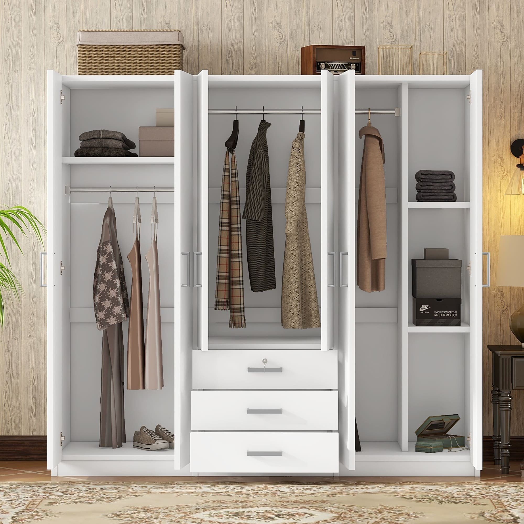 GDFStudio - Caldra 6-Door Wooden Wardrobe with Large Drawers and Contemporary Storage Design - 6-Doors Wooden Wardrobe Storage