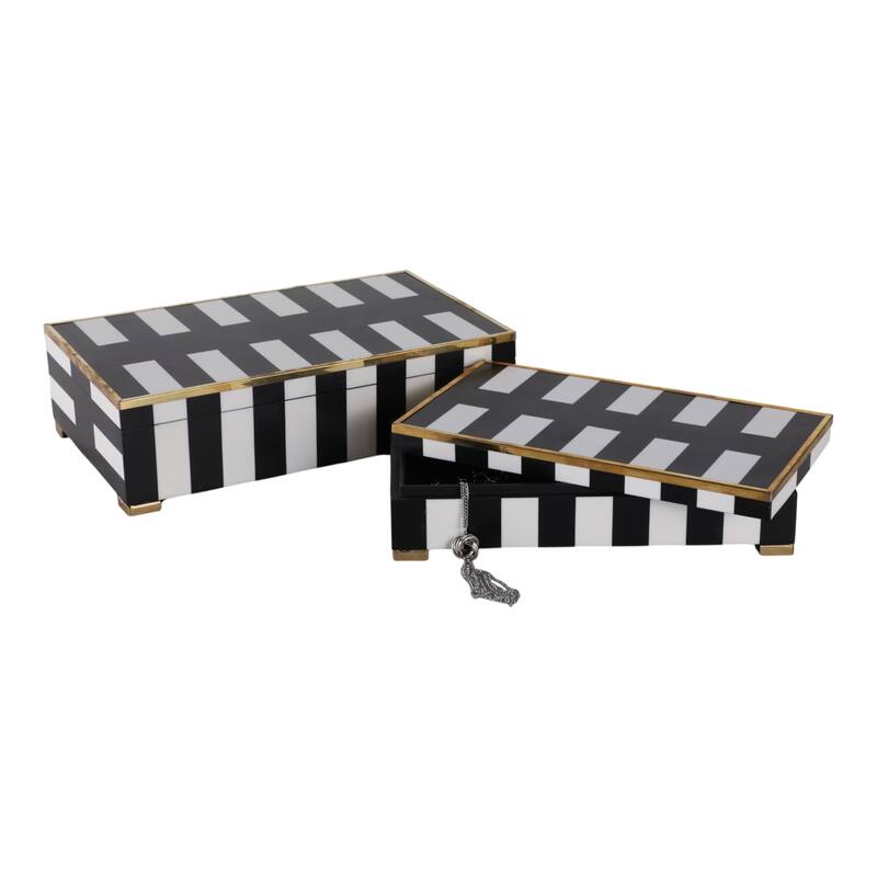Resin Decorative Boxes with Stripe (Set of 2) - 4" & 3" Black, White - 14" x 8.5" x 4"
