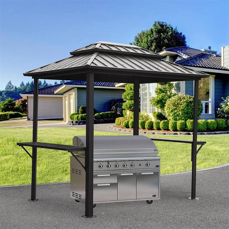 8 × 6 Ft BBQ Grill Gazebo Aluminum Frame Double Roof with Shelves Serving Tables