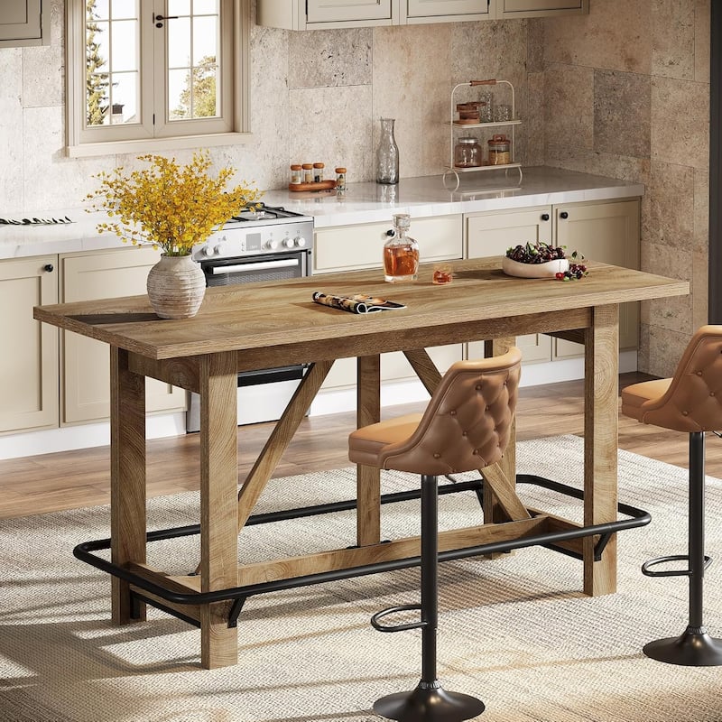 63 inch Bar Table, Long Counter Height Pub Dining Table with Footrest, Home Bar Furniture