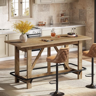 63-inch Long Counter Height Pub Bar/Dining Table with Footrest, Home Bar Furniture