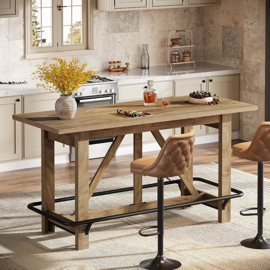 63-inch Long Counter Height Pub Bar/Dining Table with Footrest, Home Bar Furniture