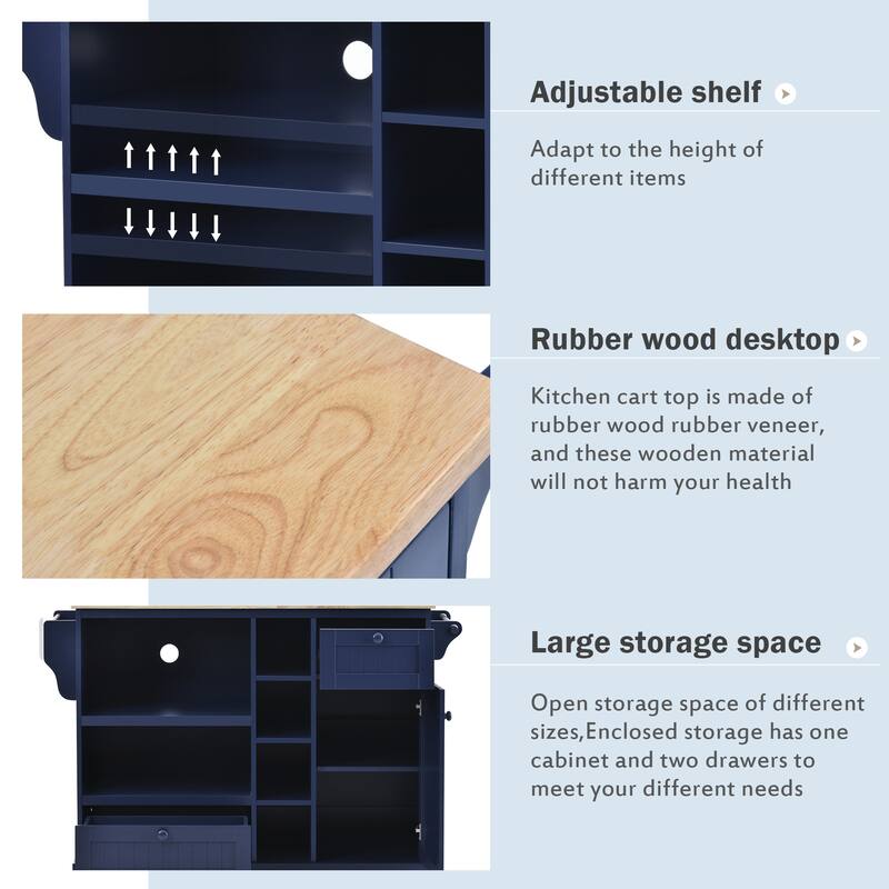 Rolling Kitchen Island with Storage Cabinet Solid Woodne Desktop, Microwave Cabinet, Floor Standing Server Sideboard for Kitchen