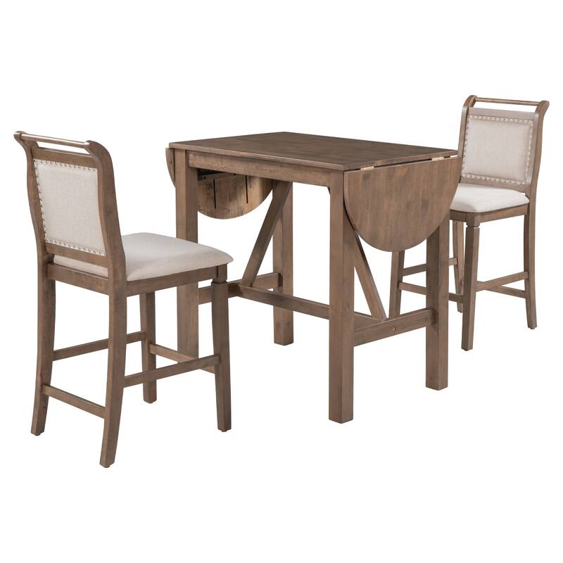 3-Piece Wood Counter Height Drop Leaf Dining Table Set with 2 Upholstered Dining Chairs, Kitchen Island Side Table