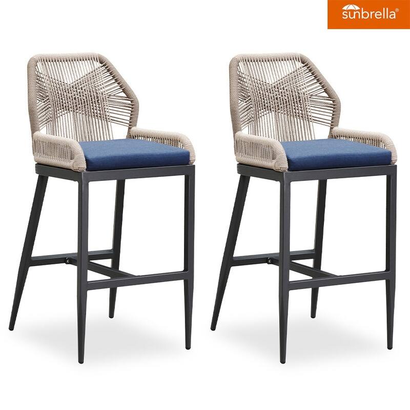 PURPLE LEAF Patio Sunbrella Bar Stools Set of 2 Handwoven Wicker Bar Height Stool Modern Aluminum High Bar Chairs - Drak Grey-Navy blue(28.5'H)