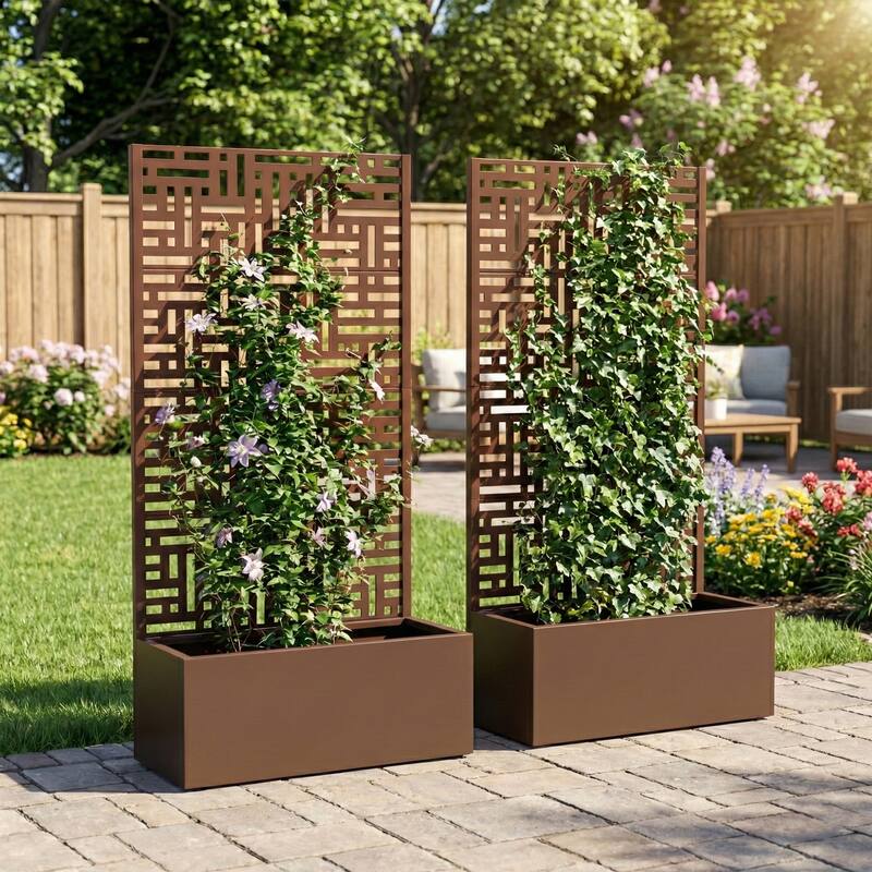 Galvanized Planter Box with Trellis & Privacy Screen