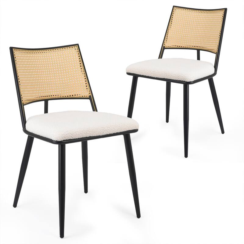 Dining Chairs Set of 2, Mid-Century Modern Kitchen Chairs with Rattan Backrest & Metal Frame, Boucle Upholstered Accent Chairs - White