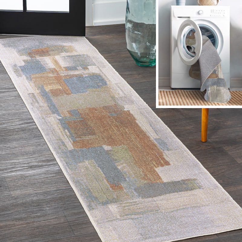 JONATHAN Y Gingham Abstract Coastal Watercolor Machine-Washable Cream/Multi Area Rug - 2 X 8