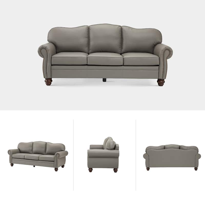 Balvino 81" Wide Transitional Genuine Leather Rolled Arm Sofa with Nailhead Trim and Removable Cushions