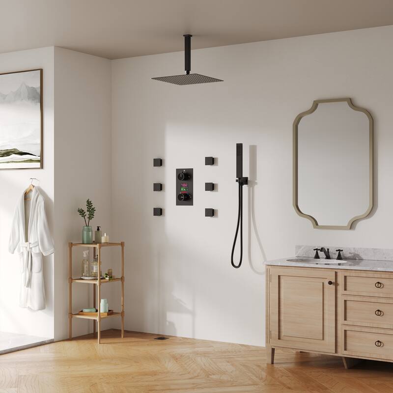 Pressure-Balanced Rainfall Shower System with LCD Display, 12" Ceiling Mount Shower Faucet Set with Body Jets
