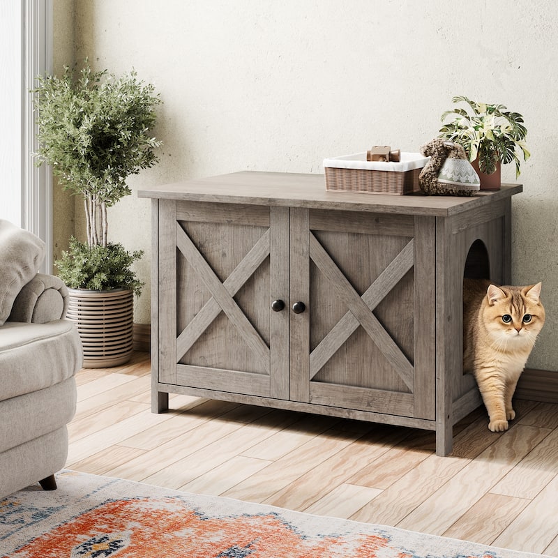 Modern Cat Cage Cabinet with Litter Box Enclosure, Multi-Functional Pet Furniture - Grey